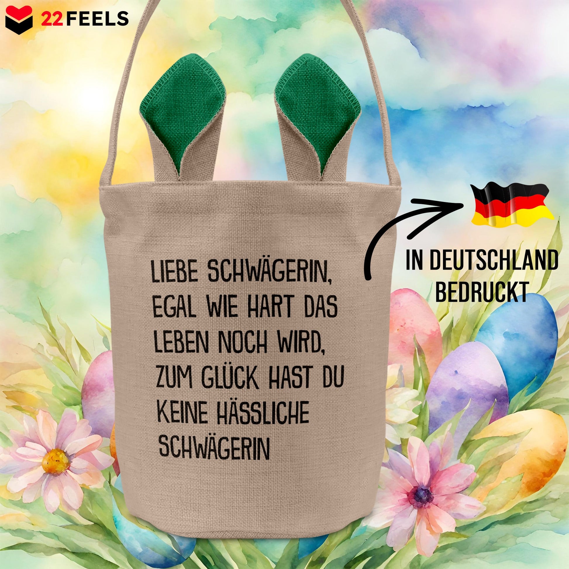 22Feels® Schwägerin Osterkorb von Schwägerin mit Henkel Ostergeschenk Tragetasche Ostern Deko Osternest Körbchen Hasenohren (Beige/Grün)-Ostern Tragetasche-22Feels