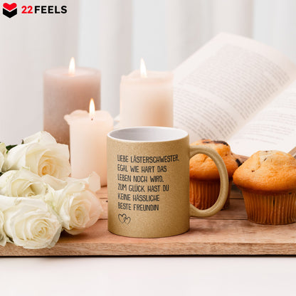 22Feels® Beste Freundin Geschenk - Glitzertasse mit Spruch: Egal wie hart das Leben noch wird (Gold, 320ml)-Glitzertasse Gold 320ml-22Feels