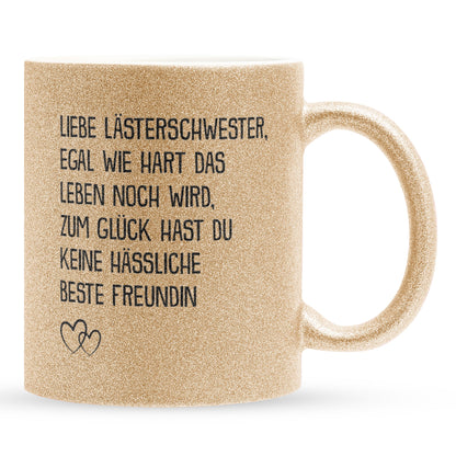 22Feels® Beste Freundin Geschenk - Glitzertasse mit Spruch: Egal wie hart das Leben noch wird (Gold, 320ml)-Glitzertasse Gold 320ml-22Feels