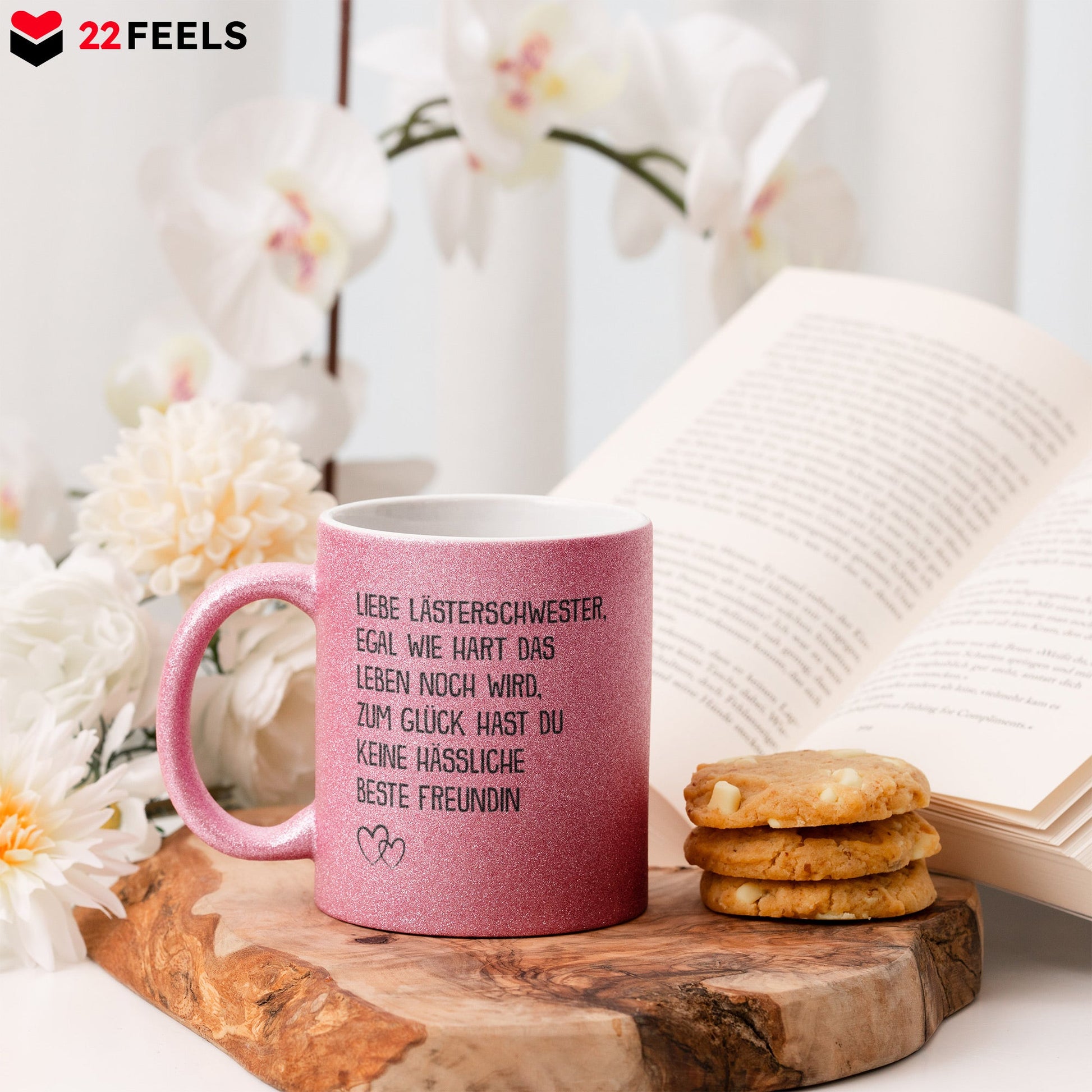 22Feels® Beste Freundin Geschenk - Glitzertasse mit Spruch: Egal wie hart das Leben noch wird (Pink, 320ml)-Glitzertasse Pink 320ml-22Feels