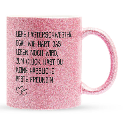 22Feels® Beste Freundin Geschenk - Glitzertasse mit Spruch: Egal wie hart das Leben noch wird (Pink, 320ml)-Glitzertasse Pink 320ml-22Feels