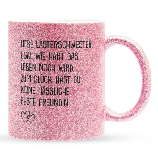 22Feels® Beste Freundin Geschenk - Glitzertasse mit Spruch: Egal wie hart das Leben noch wird (Pink, 320ml)-Glitzertasse Pink 320ml-22Feels