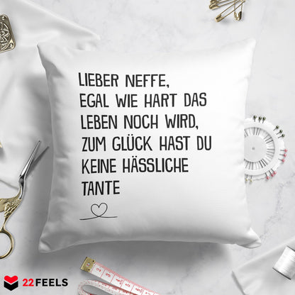 22Feels® Neffe Geschenk von der Tante - Kissen mit Spruch (Weiss 40x40cm)-Kissen Weiss 40x40-22Feels