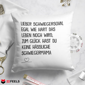 22Feels® Schwiegersohn Geschenk von der Schwiegermama - Kissen mit Spruch (Weiss 40x40cm)-Kissen Weiss 40x40-22Feels