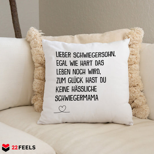 22Feels® Schwiegersohn Geschenk von der Schwiegermama - Kissen mit Spruch (Weiss 40x40cm)-Kissen Weiss 40x40-22Feels