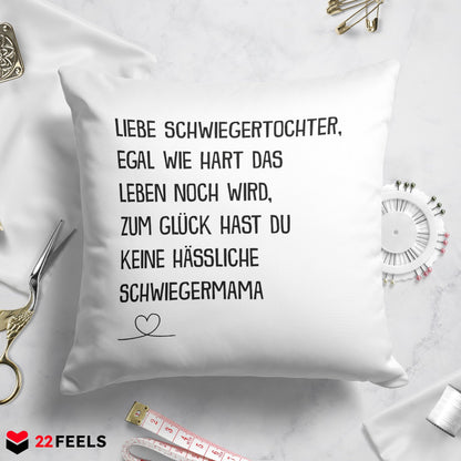 22Feels® Schwiegertochter Geschenk von der Schwiegermama - Kissen mit Spruch (Weiss 40x40cm)-Kissen Weiss 40x40-22Feels