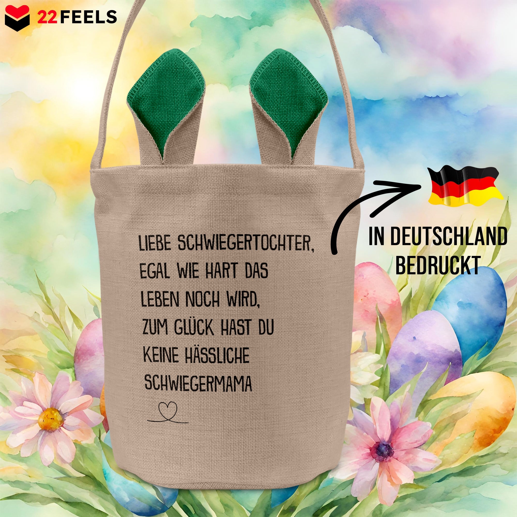 22Feels® Schwiegertochter Osterkorb von Schwiegermama Frauen mit Henkel Ostergeschenk Tragetasche Ostern Deko Osternest Körbchen Hasenohren (Beige/Grün)-Ostern Tragetasche-22Feels