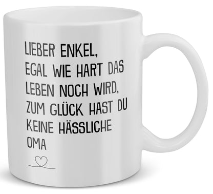 22Feels® Geschenk für Enkel von Oma - Tasse mit Spruch: Egal Wie Hart (Weiss, 320ml)-Weisse Tasse 325ml-22Feels