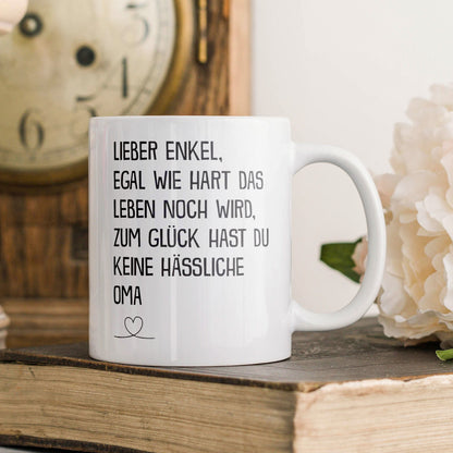 22Feels® Geschenk für Enkel von Oma - Tasse mit Spruch: Egal Wie Hart (Weiss, 320ml)-Weisse Tasse 325ml-22Feels