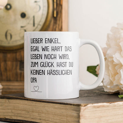 22Feels® Geschenk für Enkel von Opa - Tasse mit Spruch: Egal Wie Hart (Weiss, 320ml)-Weisse Tasse 325ml-22Feels