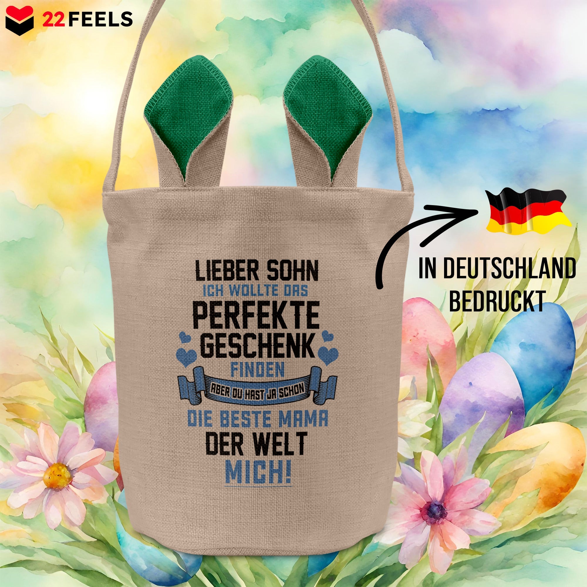 22Feels® Sohn Osterkorb von Mama Kinder mit Henkel Ostergeschenk Tragetasche Ostern Deko Osternest Körbchen Hasenohren (Beige/Grün)-Ostern Tragetasche-22Feels