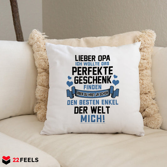 22Feels® Opa Geschenk vom Enkel - Kissen mit Spruch (Weiss 40x40cm)-Kissen Weiss 40x40-22Feels