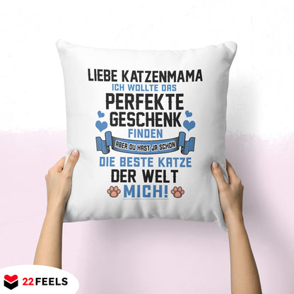 22Feels® Katzenmama Geschenk für Cat Moms und Katzen-Frauchen - Kissen mit Spruch (Weiss 40x40cm)-Kissen Weiss 40x40-22Feels