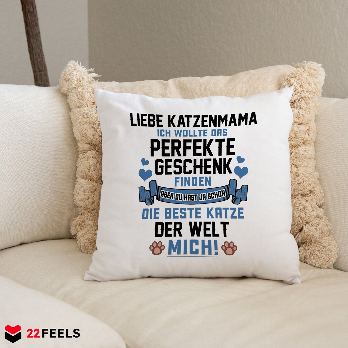 22Feels® Katzenmama Geschenk für Cat Moms und Katzen-Frauchen - Kissen mit Spruch (Weiss 40x40cm)-Kissen Weiss 40x40-22Feels