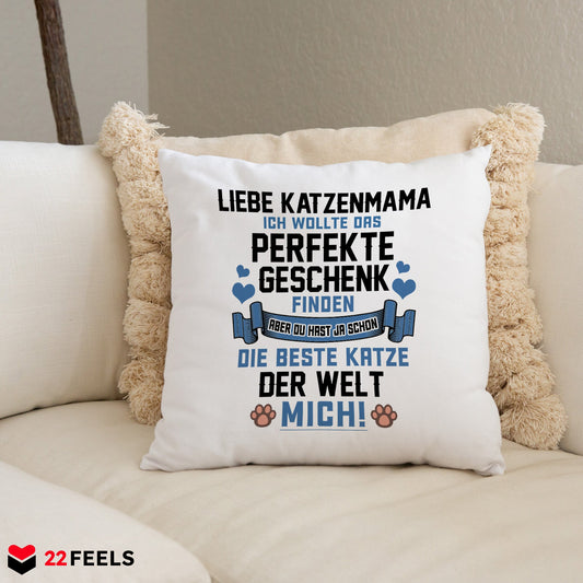 22Feels® Katzenmama Geschenk für Cat Moms und Katzen-Frauchen - Kissen mit Spruch (Weiss 40x40cm)-Kissen Weiss 40x40-22Feels