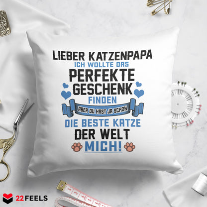 22Feels® Katzenpapa Geschenk für Cat Dads und Katzen-Herrchen - Kissen mit Spruch (Weiss 40x40cm)-Kissen Weiss 40x40-22Feels