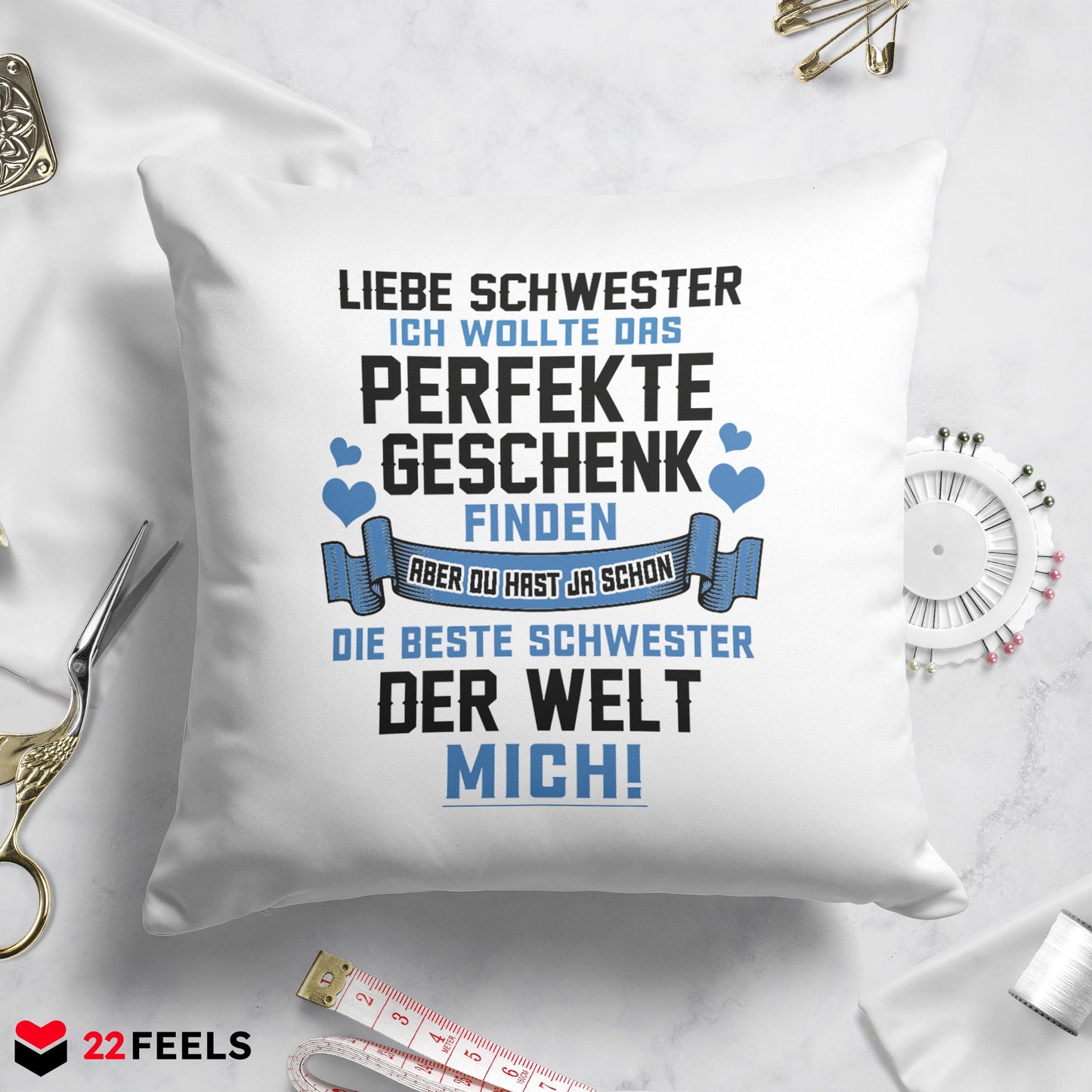 22Feels® Schwester Geschenk von der anderen Schwester - Kissen mit Spruch (Weiss 40x40cm)-Kissen Weiss 40x40-22Feels