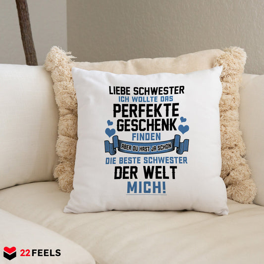 22Feels® Schwester Geschenk von der anderen Schwester - Kissen mit Spruch (Weiss 40x40cm)-Kissen Weiss 40x40-22Feels