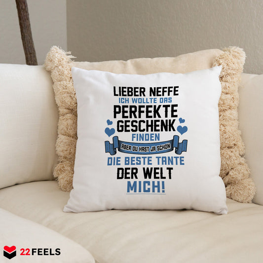22Feels® Neffe Geschenk von der Tante - Kissen mit Spruch (Weiss 40x40cm)-Kissen Weiss 40x40-22Feels