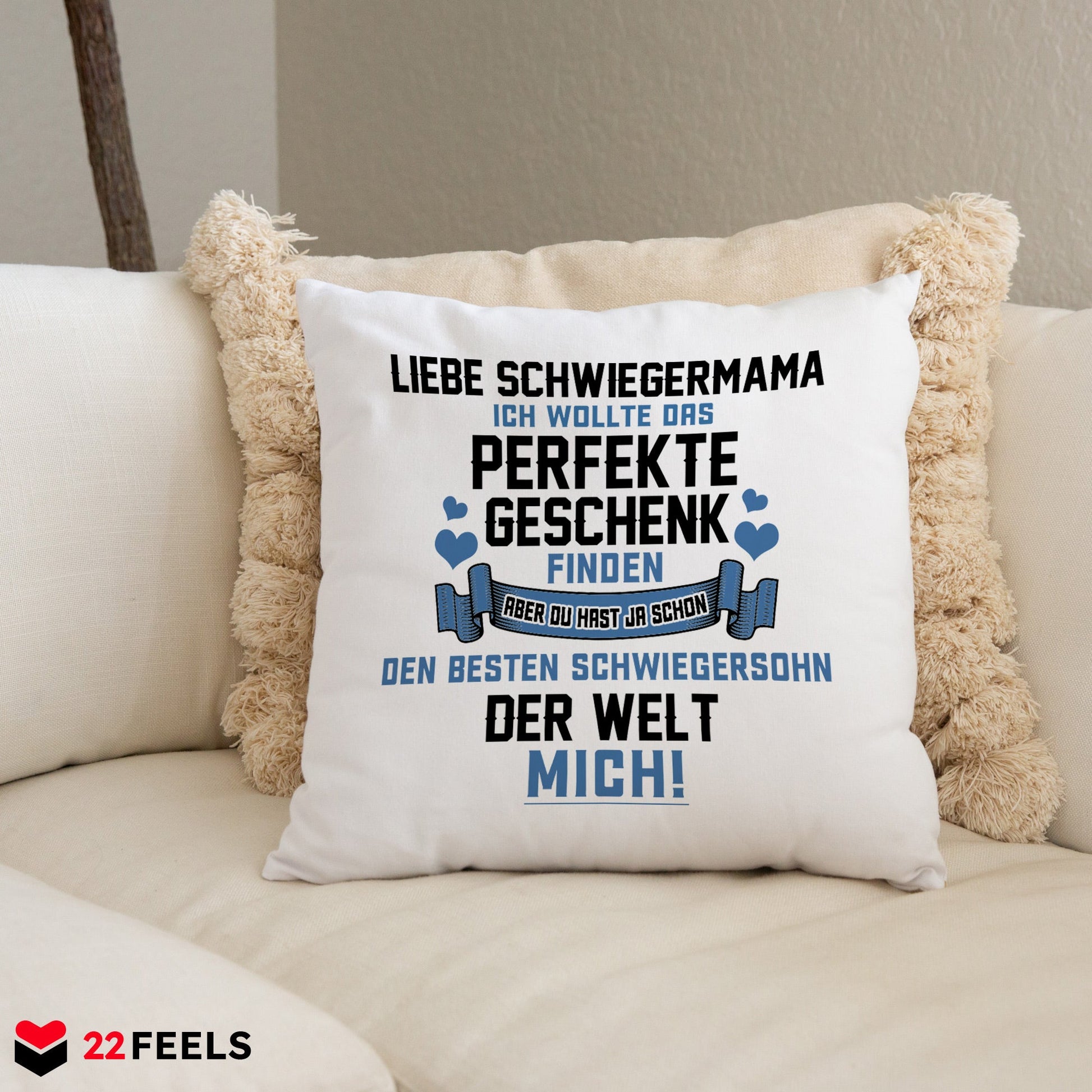 22Feels® Schwiegermutter Geschenk vom Schwiegersohn bzw. Bräutigam - Kissen mit Spruch (Weiss 40x40cm)-Kissen Weiss 40x40-22Feels