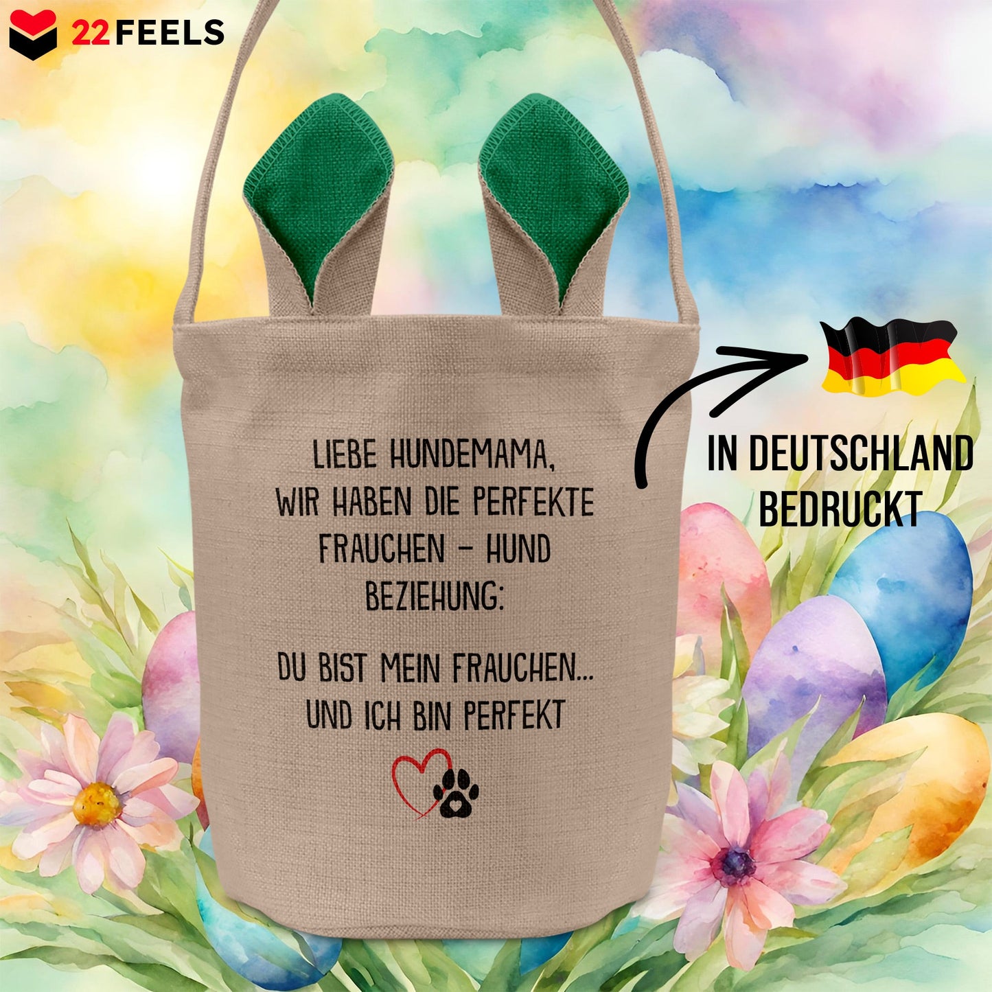 22Feels® Hundemama Frauchen Hunde Osterkorb mit Henkel Ostergeschenk Tragetasche Ostern Deko Osternest Körbchen Hasenohren (Beige/Grün)-Ostern Tragetasche-22Feels