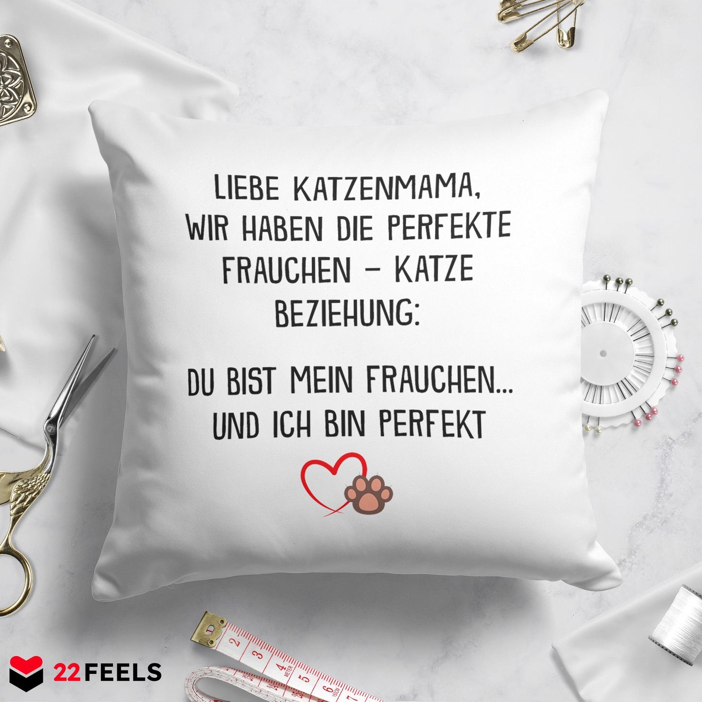 22Feels® Katzenmama Geschenk für Cat Moms und Katzen-Frauchen - Kissen mit Spruch (Weiss 40x40cm)-Kissen Weiss 40x40-22Feels