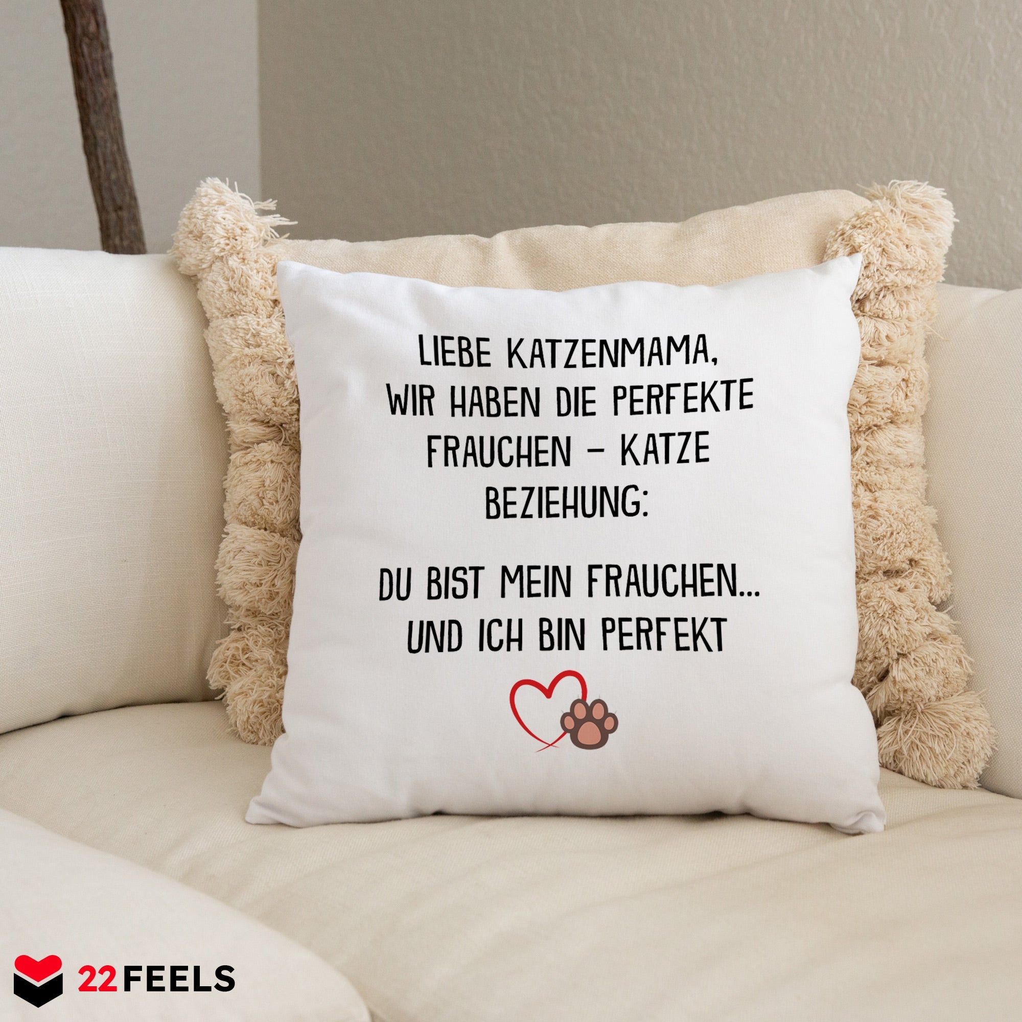 22Feels® Katzenmama Geschenk für Cat Moms und Katzen-Frauchen - Kissen mit Spruch (Weiss 40x40cm)-Kissen Weiss 40x40-22Feels