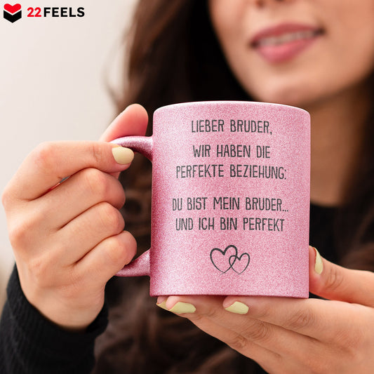 22Feels® Bruder Geschenk - Glitzertasse mit Spruch (Pink, 320ml)-Glitzertasse Pink 320ml-22Feels