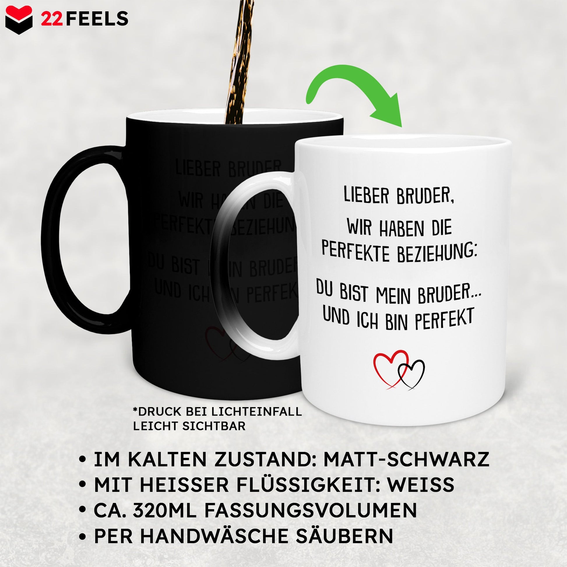 22Feels® Bruder Geschenk - Zaubertasse mit Spruch (Matt-Schwarz und Weiss, 320ml)-Farbwechsel Tasse Matt 320ml-22Feels