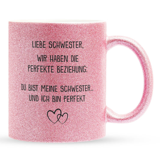 22Feels® Schwester Geschenk - Glitzertasse mit Spruch (Pink, 320ml)-Glitzertasse Pink 320ml-22Feels