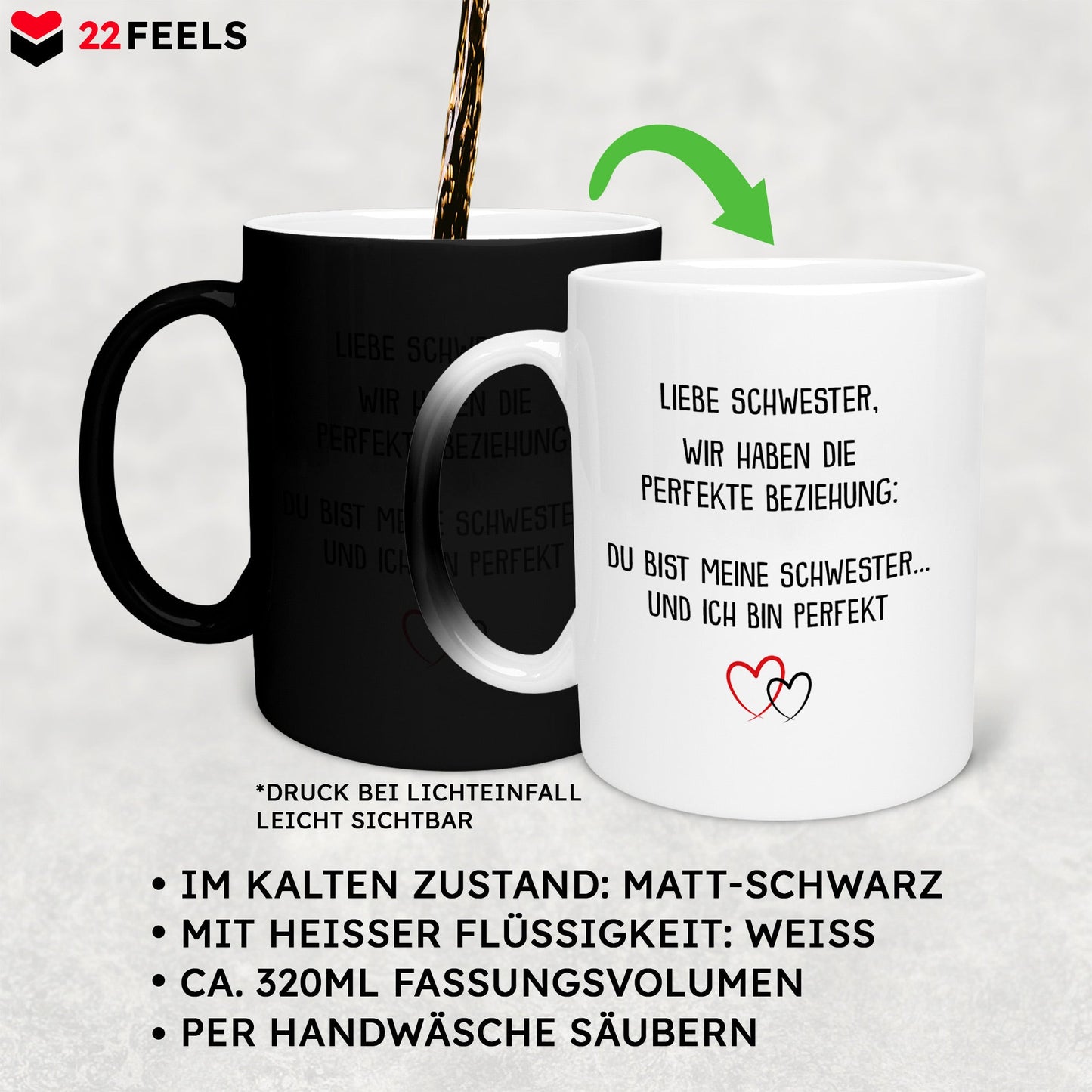 22Feels® Schwester Geschenk - Zaubertasse mit Spruch (Matt-Schwarz und Weiss, 320ml)-Farbwechsel Tasse Matt 320ml-22Feels