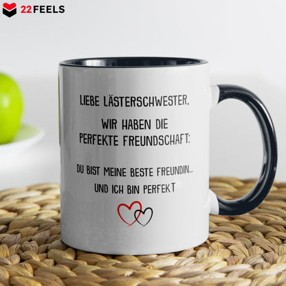 22Feels® Beste Freundin Geschenk - Tasse mit Spruch: Die perfekte Freundschaft (Weiss-Schwarz, 320ml)-TwoTone Tasse Weiss-Schwarz 320ml-22Feels