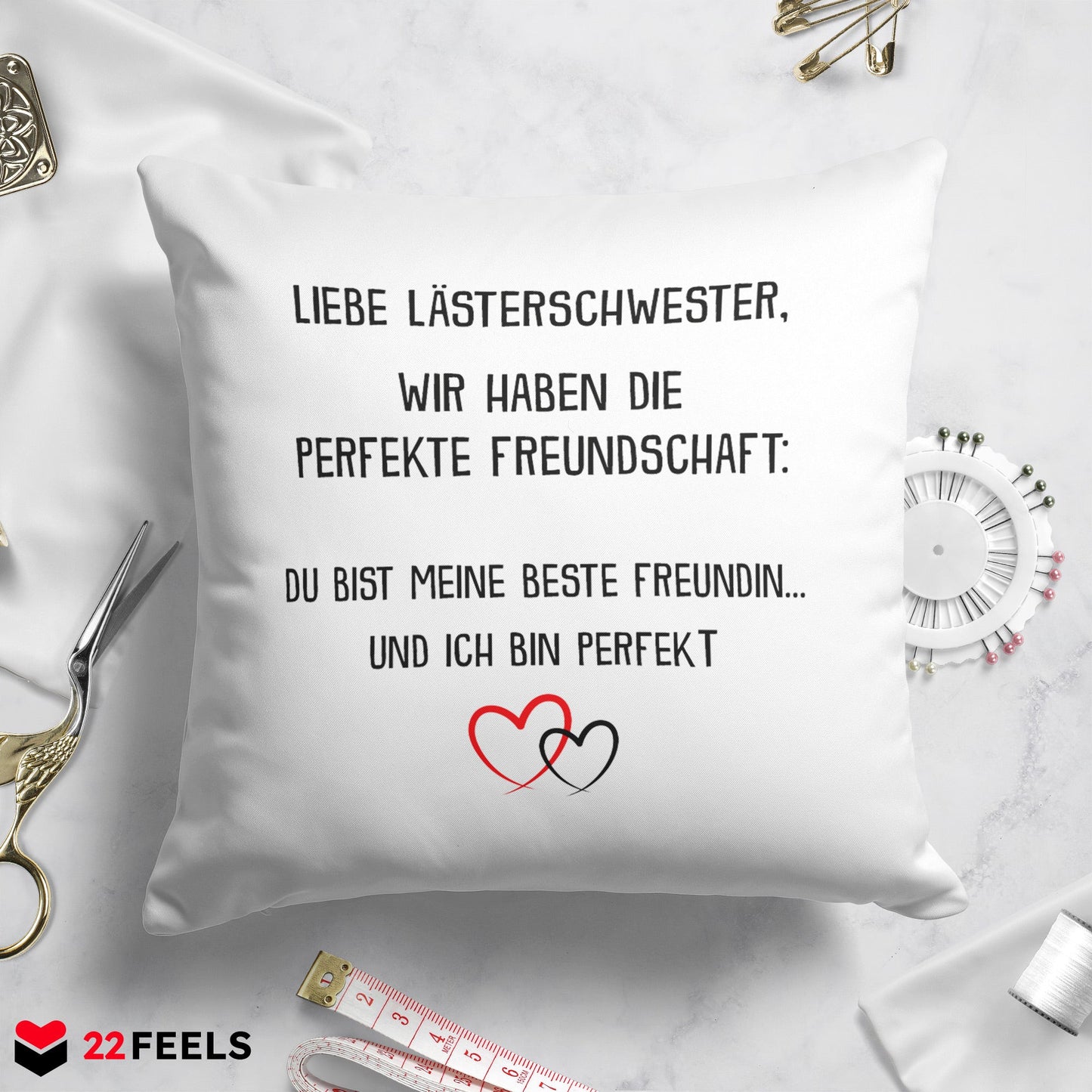 22Feels® Beste Freundin Geschenk - Kissen mit Spruch: Die perfekte Freundschaft (Weiss 40x40cm)-Kissen Weiss 40x40-22Feels