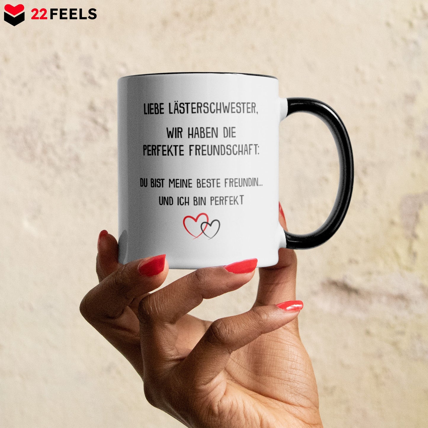 22Feels® Beste Freundin Geschenk - Tasse mit Spruch: Die perfekte Freundschaft (Weiss-Schwarz, 320ml)-TwoTone Tasse Weiss-Schwarz 320ml-22Feels