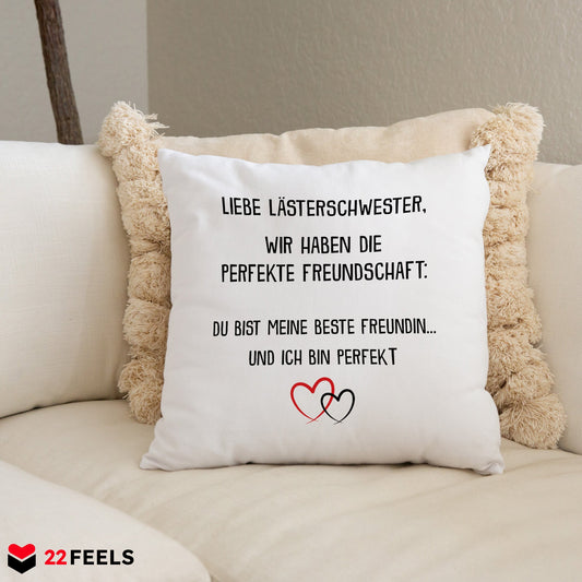 22Feels® Beste Freundin Geschenk - Kissen mit Spruch: Die perfekte Freundschaft (Weiss 40x40cm)-Kissen Weiss 40x40-22Feels
