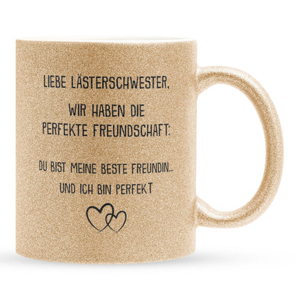 22Feels® Beste Freundin Geschenk - Glitzertasse mit Spruch: Die perfekte Freundschaft (Gold, 320ml)-Glitzertasse Gold 320ml-22Feels