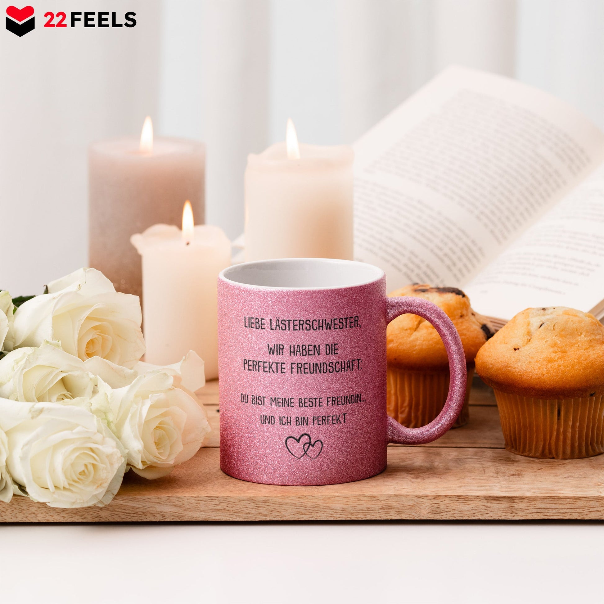 22Feels® Beste Freundin Geschenk - Glitzertasse mit Spruch: Die perfekte Freundschaft (Pink, 320ml)-Glitzertasse Pink 320ml-22Feels