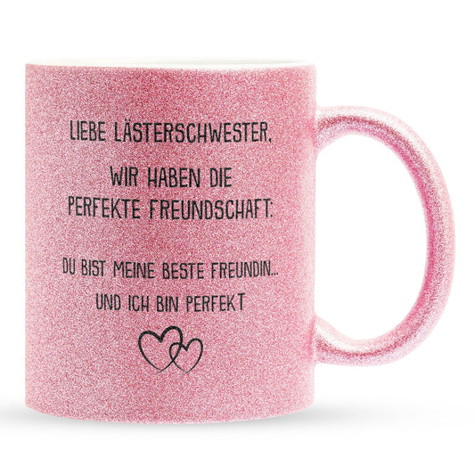 22Feels® Beste Freundin Geschenk - Glitzertasse mit Spruch: Die perfekte Freundschaft (Pink, 320ml)-Glitzertasse Pink 320ml-22Feels