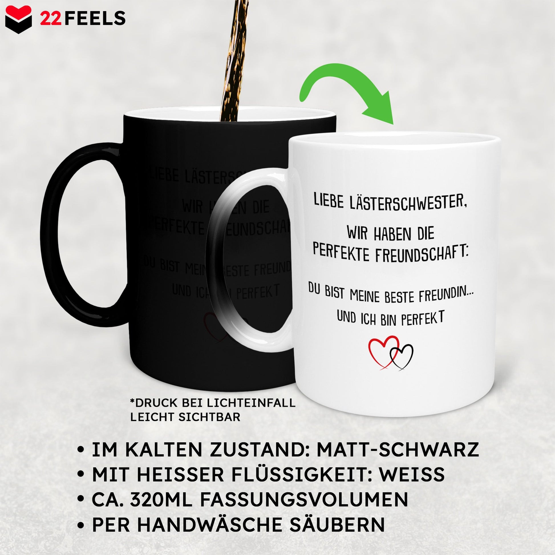 22Feels® Beste Freundin Geschenk - Zaubertasse mit Spruch: Die perfekte Freundschaft (Matt-Schwarz und Weiss, 320ml)-Farbwechsel Tasse Matt 320ml-22Feels