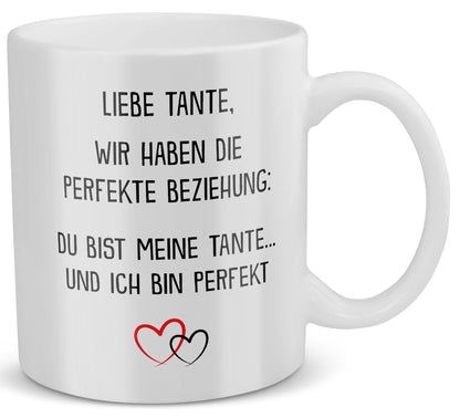 22Feels® Tante Geschenk - Tasse mit Spruch: Die Perfekte Beziehung (Weiss, 320ml)-Weisse Tasse 320ml-22Feels