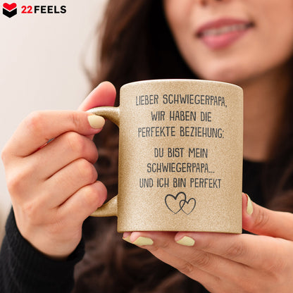 22Feels® Schwiegerpapa Geschenk - Glitzertasse mit Spruch (Gold, 320ml)-Glitzertasse Gold 320ml-22Feels