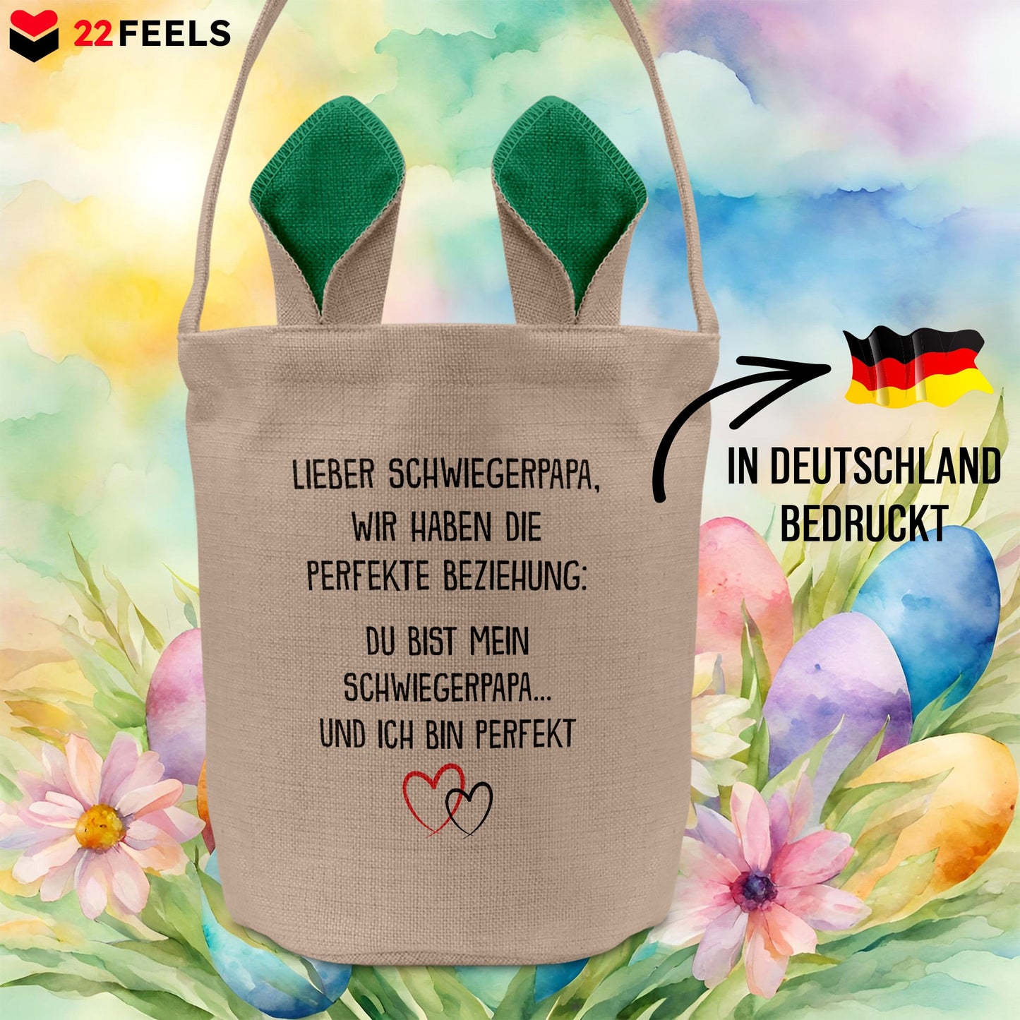 22Feels® Schwiegerpapa Osterkorb mit Henkel Ostergeschenk Tragetasche Ostern Deko Osternest Körbchen Hasenohren (Beige/Grün)-Ostern Tragetasche-22Feels