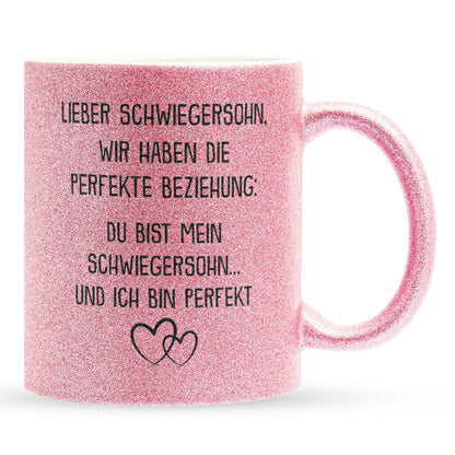 22Feels® Schwiegersohn Geschenk - Glitzertasse mit Spruch (Pink, 320ml)-Glitzertasse Pink 320ml-22Feels