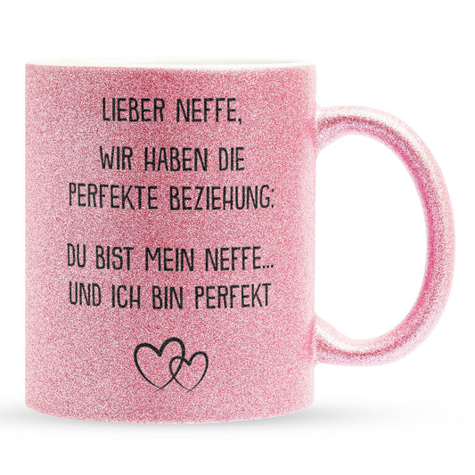 22Feels® Neffe Geschenk - Glitzertasse mit Spruch (Pink, 320ml)-Glitzertasse Pink 320ml-22Feels
