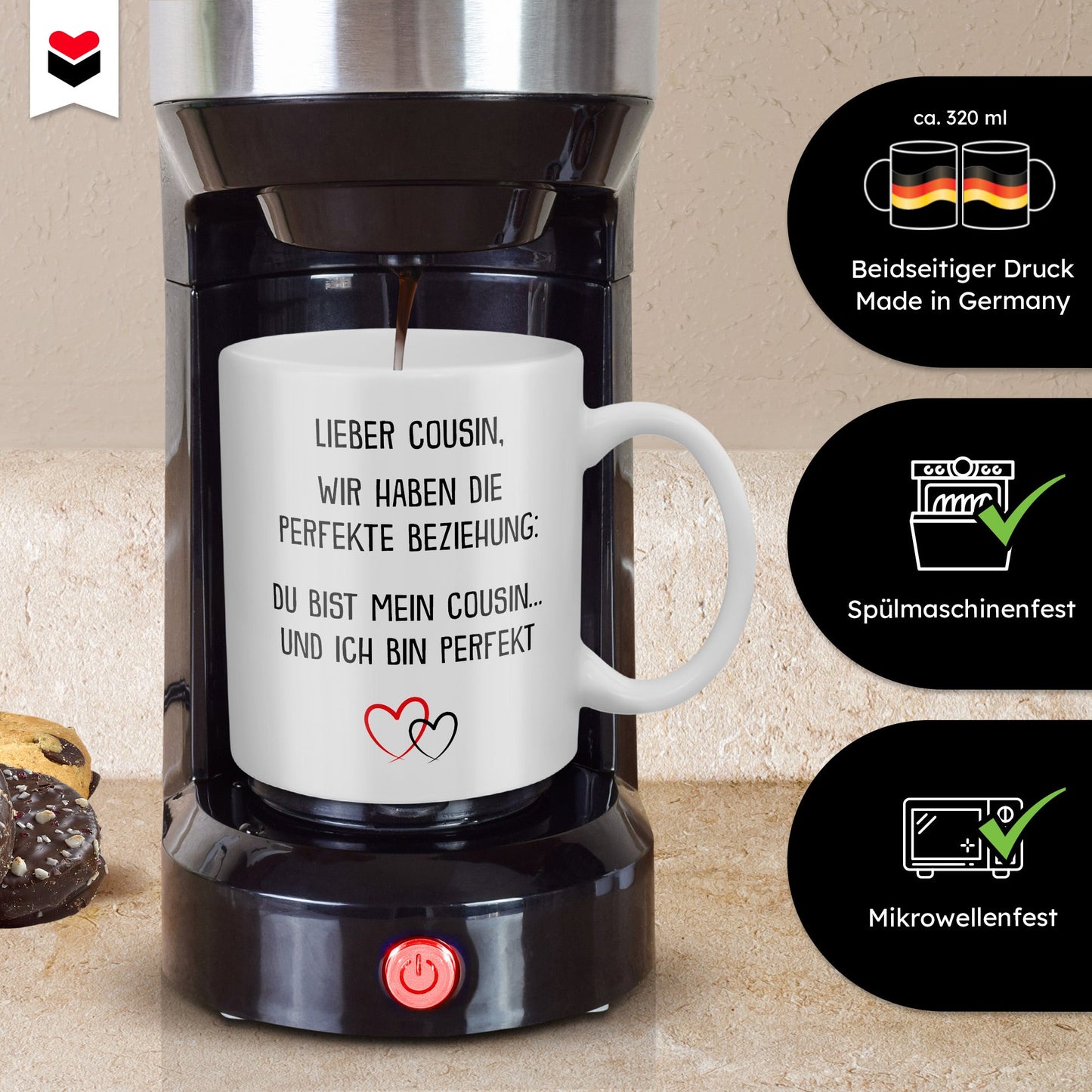 22Feels® Geschenk für Cousin von Cousine oder Cousin - Tasse mit Spruch: Die Perfekte Beziehung (Weiss, 320ml)-Weisse Tasse 320ml-22Feels