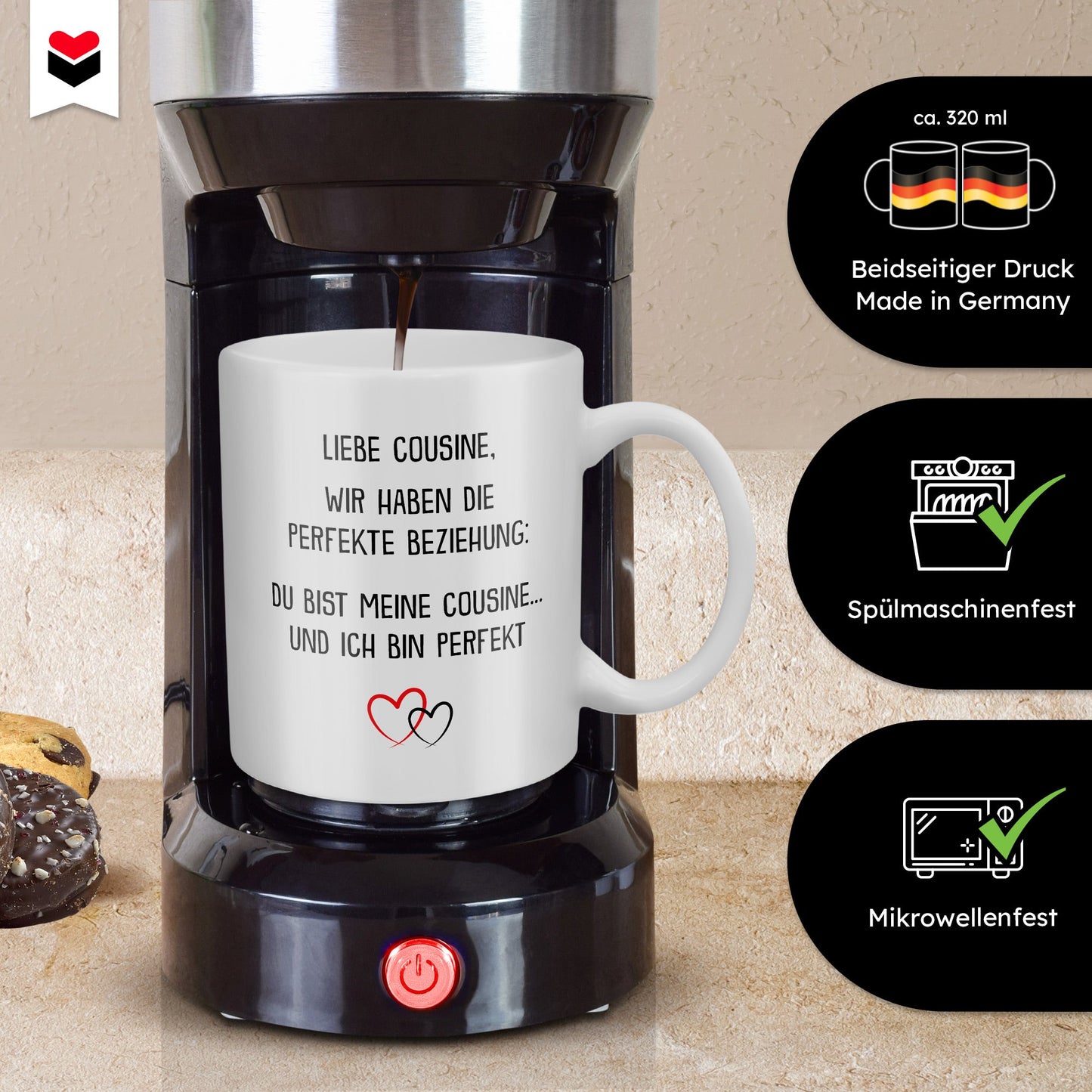 22Feels® Geschenk für Cousine von Cousine oder Cousin - Tasse mit Spruch: Die Perfekte Beziehung (Weiss, 320ml)-Weisse Tasse 320ml-22Feels