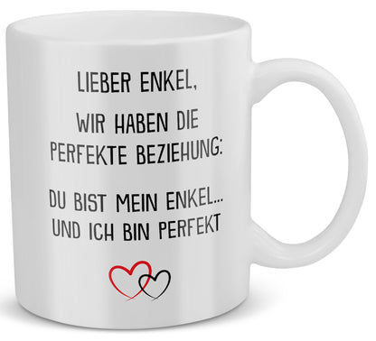 22Feels® Geschenk für Enkel - Tasse mit Spruch: Die Perfekte Beziehung (Weiss, 320ml)-Weisse Tasse 320ml-22Feels