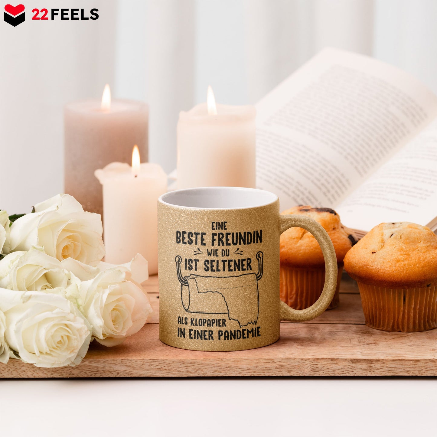 22Feels® Beste Freundin Geschenk - Glitzertasse mit Spruch: Seltener als Klopapier (Gold, 320ml)-Glitzertasse Gold 320ml-22Feels