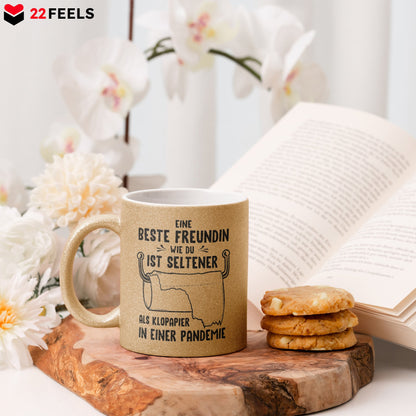 22Feels® Beste Freundin Geschenk - Glitzertasse mit Spruch: Seltener als Klopapier (Gold, 320ml)-Glitzertasse Gold 320ml-22Feels