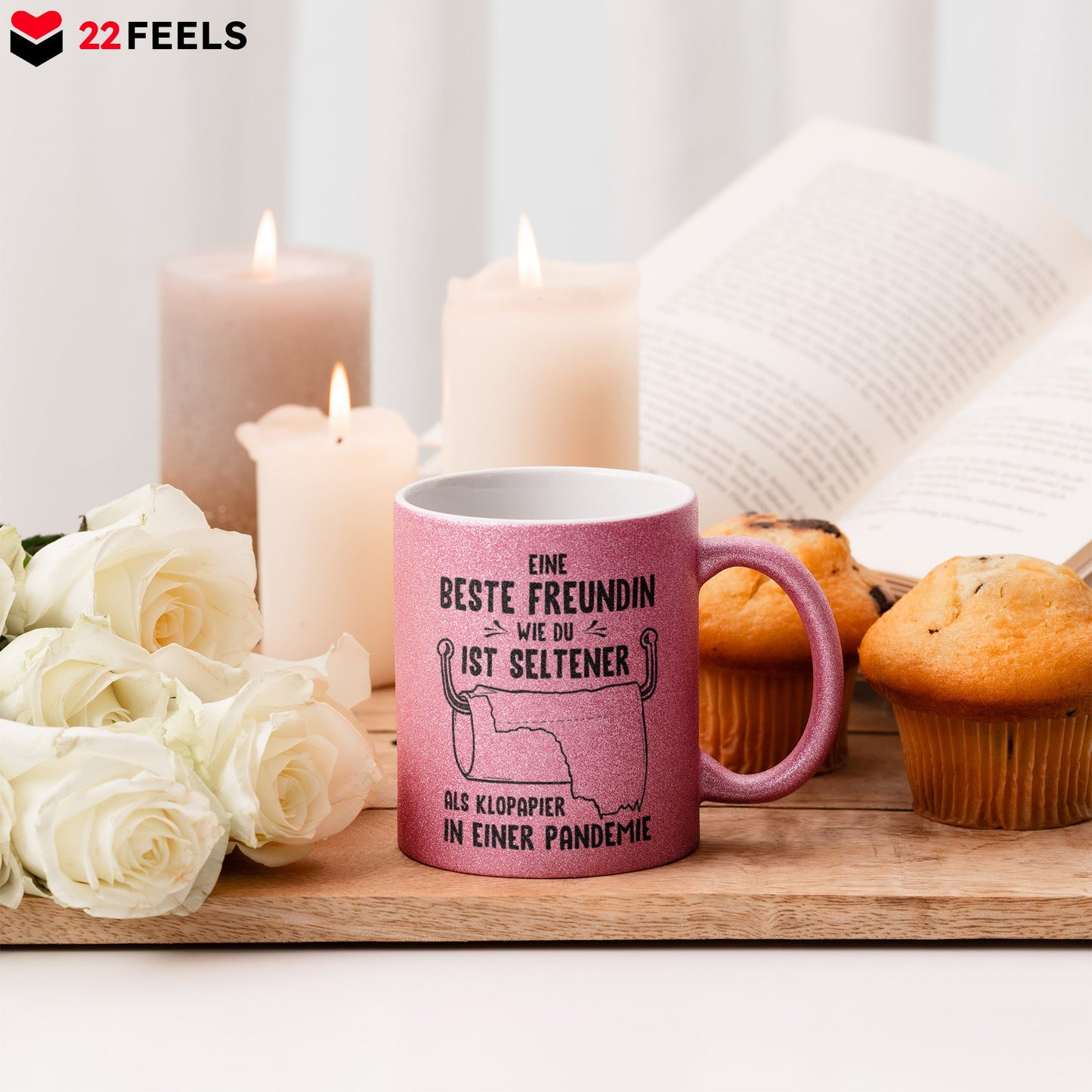 22Feels® Beste Freundin Geschenk - Glitzertasse mit Spruch: Seltener als Klopapier (Pink, 320ml)-Glitzertasse Pink 320ml-22Feels
